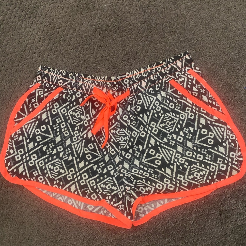 Women's Black and White Patterned Shorts with Orange Trim